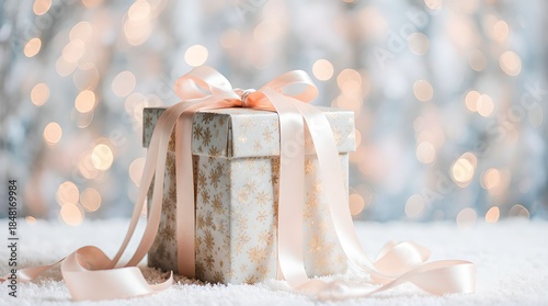 Christmas tree decorated with toys and snow on a blurred background, bokeh effect