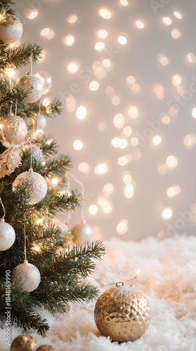 Christmas tree decorated with toys and snow on a blurred background, bokeh effect