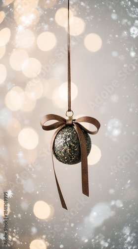A bright decoration against a shining Christmas tree with bokeh background