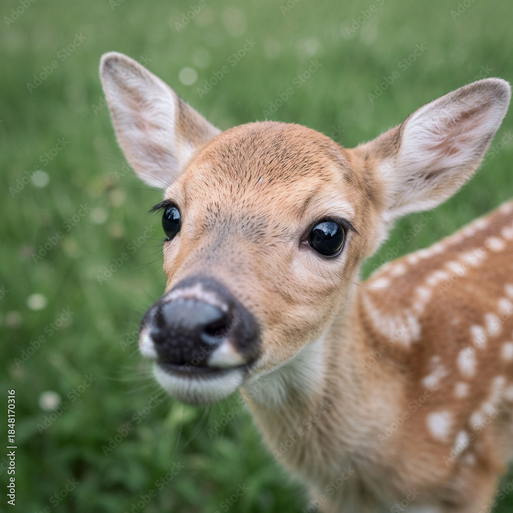 Fototapeta premium A close-up portrait of a fawn with large dark eyes and spotted fur in a grassy field. Shallow depth of field.