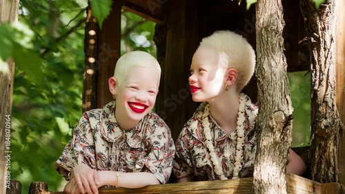 A Charming Moment of Togetherness: Two Joyful Individuals with Unique Features Share a Lighthearted Interaction in a Rustic Treehouse Surrounded by Lush Greenery