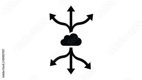 Cloud computing data flow network illustration with arrows, modern technology concept for business and internet connectivity