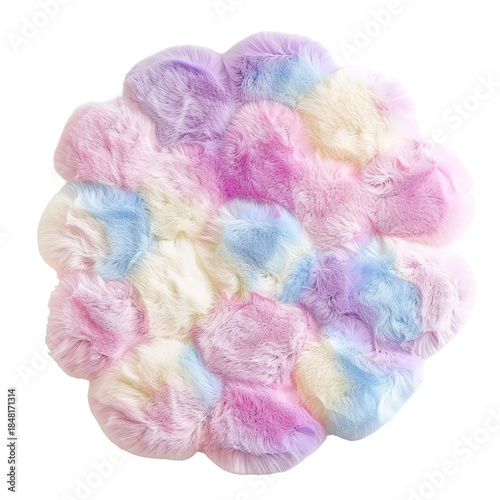 A fluffy round rug with bubble-style shapes features gentle colors of pink, blue, and white. This cut out element shows a soft design ideal for a cozy space