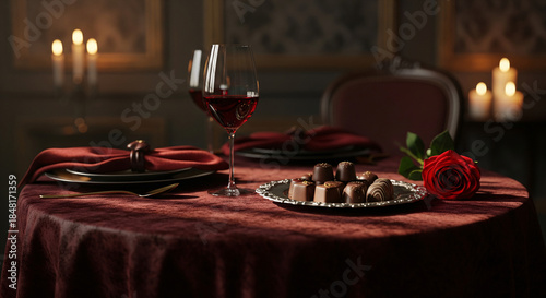 Romantic candlelight dinner setting with red wine glasses and chocolates, dark moody romantic valentine's day luxury background, table date night concept