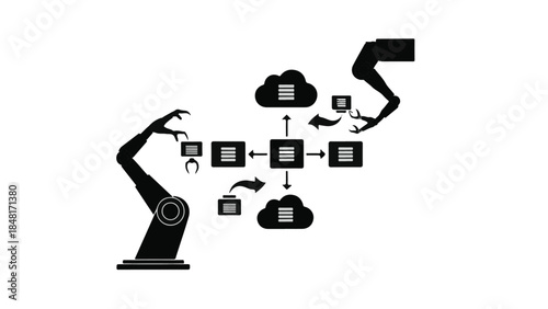 Robotic arm exchanging data with cloud storage and devices in modern industrial automation and technology concept