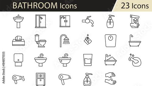 Bathroom hygiene icon set in black and white line style,Bathroom hygiene icon set in black and white line style,