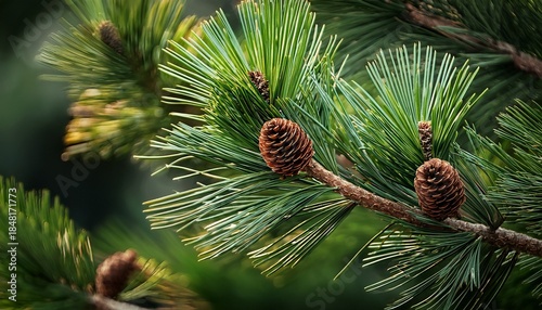 a close up shows green needles and brown cones on a tree branch the image captures the details of the plant material in natural light highlighting textures and shapes