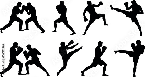 Collection of martial arts silhouettes in various fighting poses