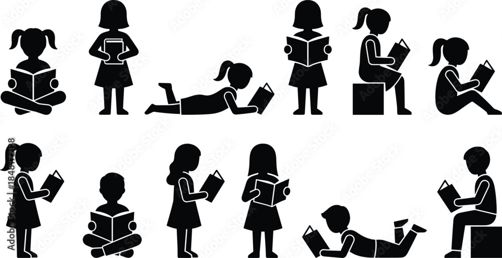 Obraz premium Children reading silhouette vector set, kids with books, literacy poses, black flat icons, editable isolated design