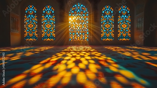 Sunlight streams through ornate, colorful stained glass windows illuminating an interior space