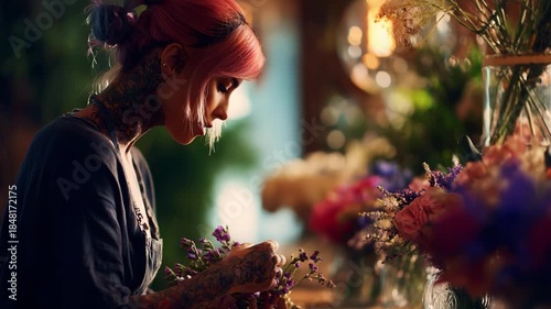 A Creative Florist Skillfully Arranging a Beautiful Bouquet Surrounded by a Vibrant Selection of Flowers in a Cozy and Inviting Floral Studio Setting.