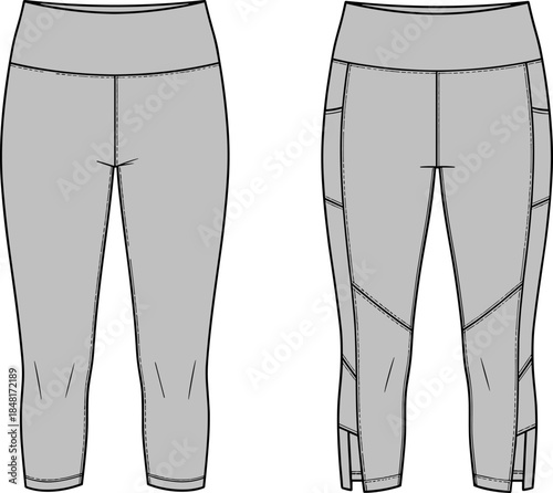 Technical flat sketch of cropped athletic leggings front and back views,Technical flat sketch of cropped athletic leggings front and back views,