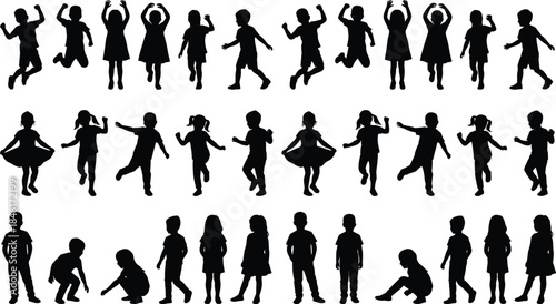 Children silhouette vector set, playful kids poses, dancing, jumping, walking, sitting, black flat icons, editable isolated design