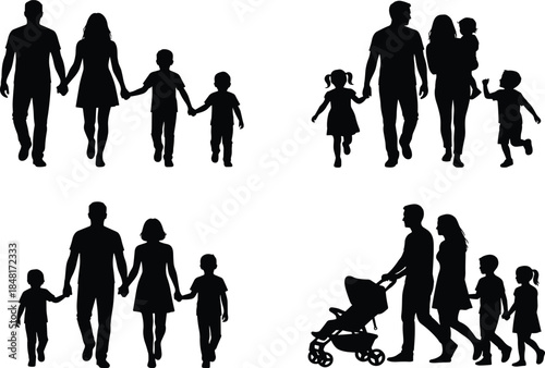 Family silhouette walking set, parents children vector, black flat icons, togetherness moment, CAD drawing flat vector illustration