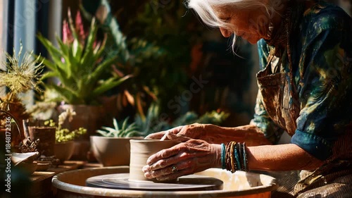 An elderly artisan meticulously shapes a pottery piece on a spinning wheel, surrounded by lush greenery and artistic elements that highlight the beauty of craftsmanship.