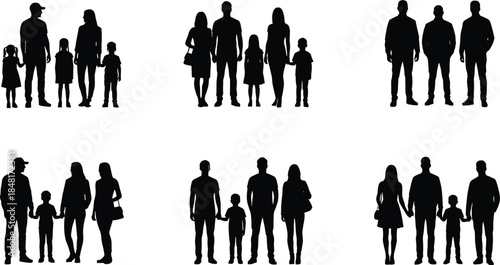 Family silhouettes, diverse groupings, parents and children, walking, bonding, black vector, care, affection, unity, lifestyle, parenting, interaction, love