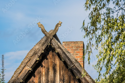 Принти на полотні Hausgiebel im Spreewald mit Schlangenköpfen