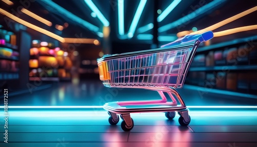 sharp image of neon shopping cart in modern store with copy space