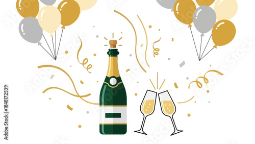 Champagne Bottle and Glasses New Year Celebration Illustration