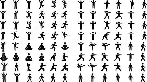 Human activity silhouettes, jumping, running, meditating, stretching, dancing, walking, black vector, motion, posture, exercise, fitness, lifestyle