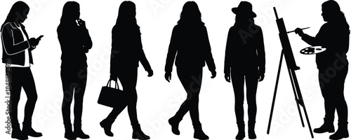 Human activity silhouette vector set, casual poses, walking, texting, painting, black flat icons, editable isolated design