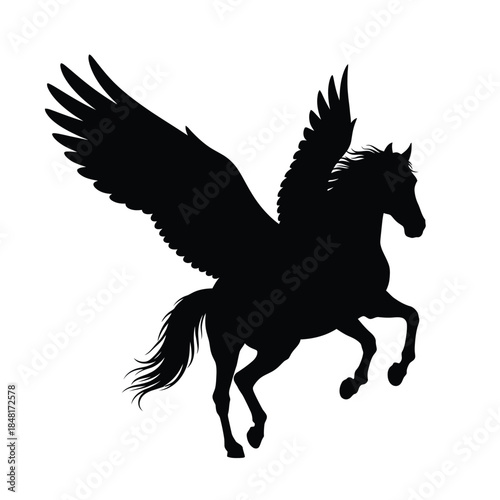 Black silhouette of a winged horse pegasus in mid flight