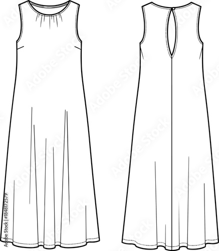 Technical flat sketch of sleeveless A-line dress front and back views, fashion design template,Technical flat sketch of sleeveless A-line dress front and back views, fashion design template,