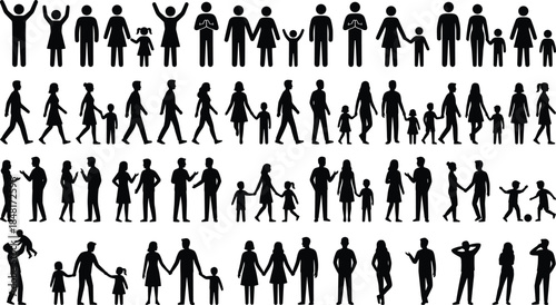 Human interaction silhouette set, family couple group vector, black flat icons, social behavior, CAD drawing flat vector illustration