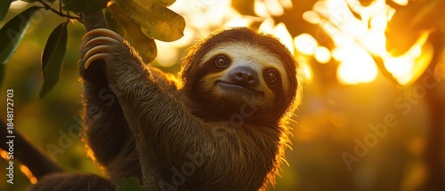 Adorable sloth hanging from tree branch in vibrant sunset jungle environment with warm golden light and lush green foliage