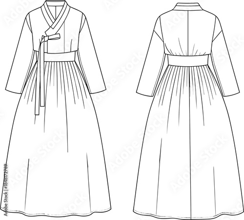Technical flat sketch of traditional Korean hanbok dress front and back views,Technical flat sketch of traditional Korean hanbok dress front and back views,