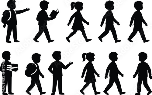 School children silhouette vector set, walking, reading, pointing, backpacks, black flat icons, editable isolated design
