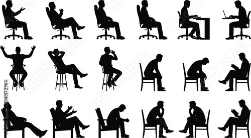 Seated posture silhouette set, expressive sitting vector, black flat icons, activity and emotion, CAD drawing flat vector illustration