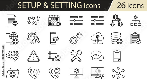 Technology icon set, communication and data symbols, system settings illustrationsTechnology icon set, communication and data symbols, system settings illustrations