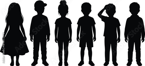 Standing children silhouette set, diverse kid pose vector, black flat icons, CAD drawing flat vector illustration for design