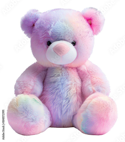 Teddy bear features a bubble-style shape with soft and puffy body. It has rounded features and a colorful, fluffy look. Ideal for various creative uses on a transparent background