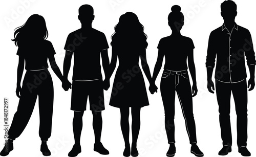 Standing people silhouette set, diverse group vector, casual outfit icons, social connection, editable CAD drawing flat vector illustration