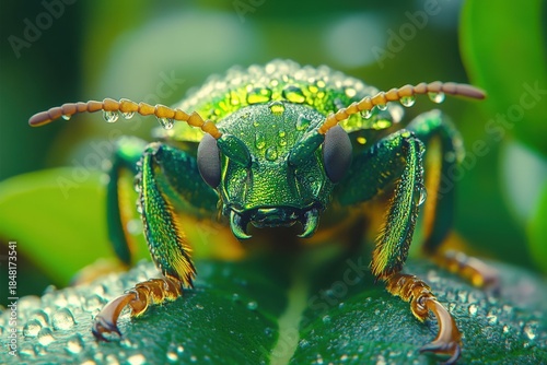 Close-up of colorful beetle with water droplets on green leaf in natural habitat