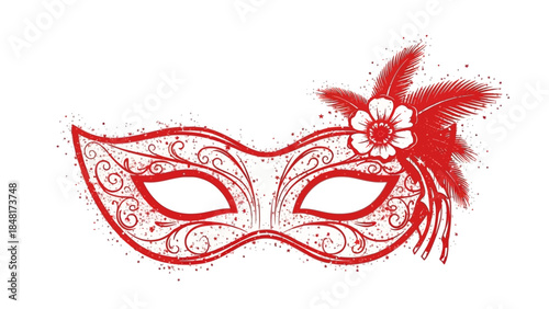 Red Carnival Mask with Decorative Feathers