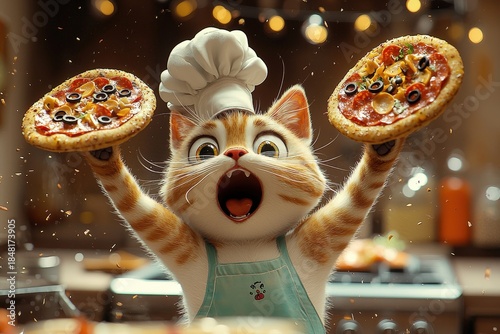 Cute chef cat wearing apron holding two pizzas in kitchen with festive lights, whimsical fun cooking concept