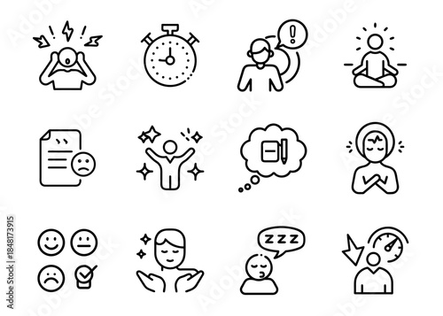 Artificial intelligence emotion and mental state icon set featuring stress focus mindfulness productivity sleep creativity and cognitive awareness line symbols