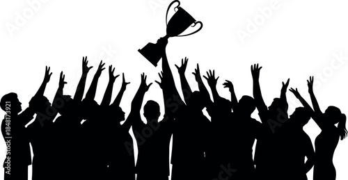 silhouette of people celebrating with trophy