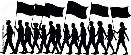 silhouette of people walking with flags in protest