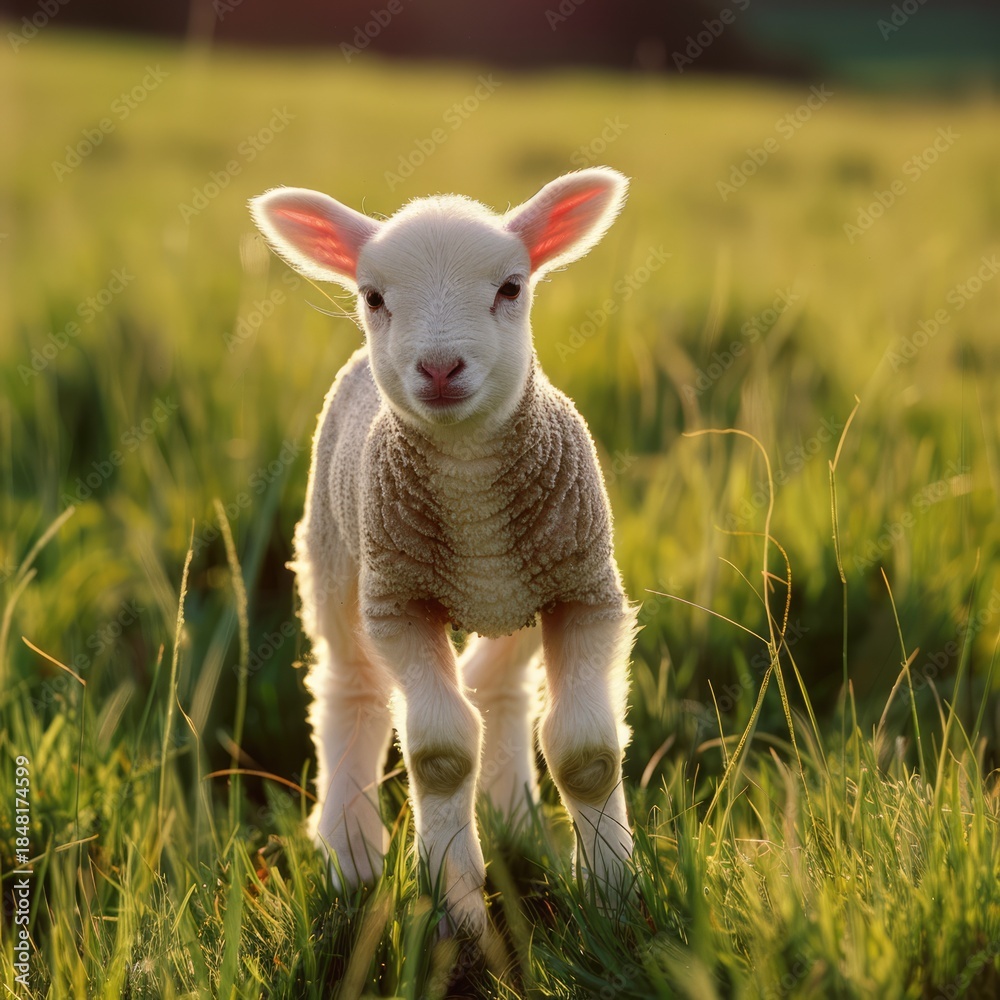 Obraz premium A cute little lamb looking ahead in a green meadow or pasture.