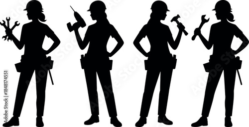 Silhouettes of women with construction tools on white background