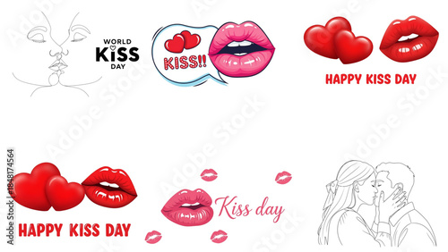 Happy world kiss day illustration with lips and heart