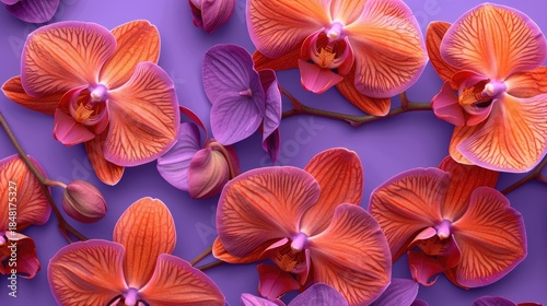 Orchid flowers on a purple background. The flowers are orange.