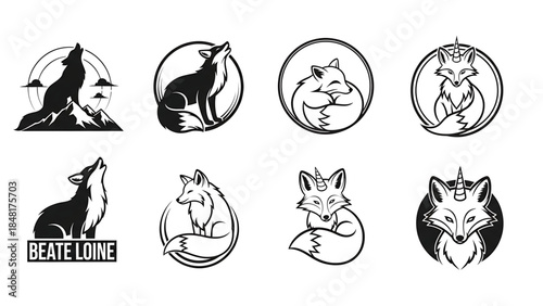Collection of different fox logo designs in black and white