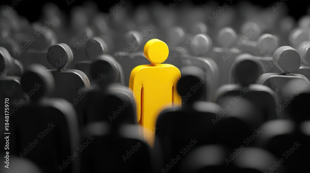 Fototapeta premium Distinct Individual: Bright Yellow Figure Illuminating a Dark Crowd, Symbolizing Extraordinary Talent in Recruitment