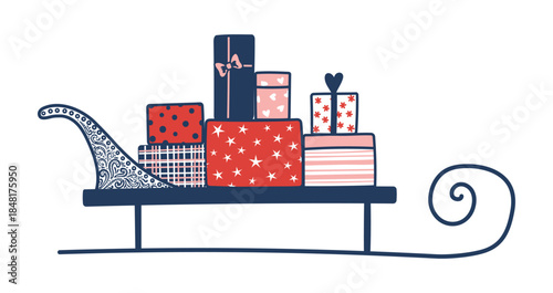 Sled, sledge, sleigh carrying Christmas presents isolated on transparent background. Hand drawn line drawing vector illustration. Traditional holiday, Christmas, seasonal design element, clip art