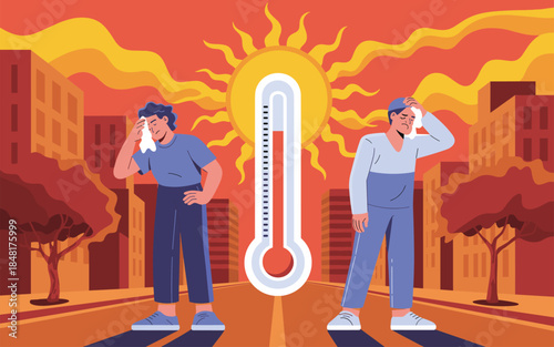Two men suffering from extreme heat standing on a city street with a giant thermometer in the background during a sunny day